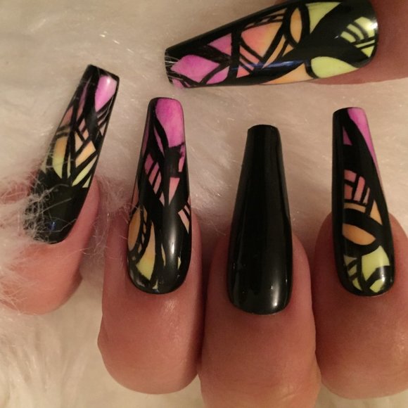 Neon yellow/orange n pink tribal press on nails - Picture 4 of 9